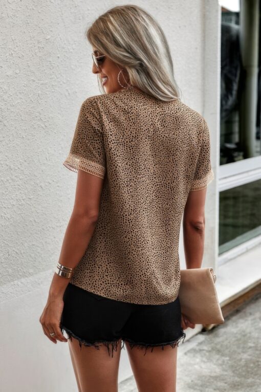 Animal Print V Neck Crop Short Sleeve Shirt - Image 3