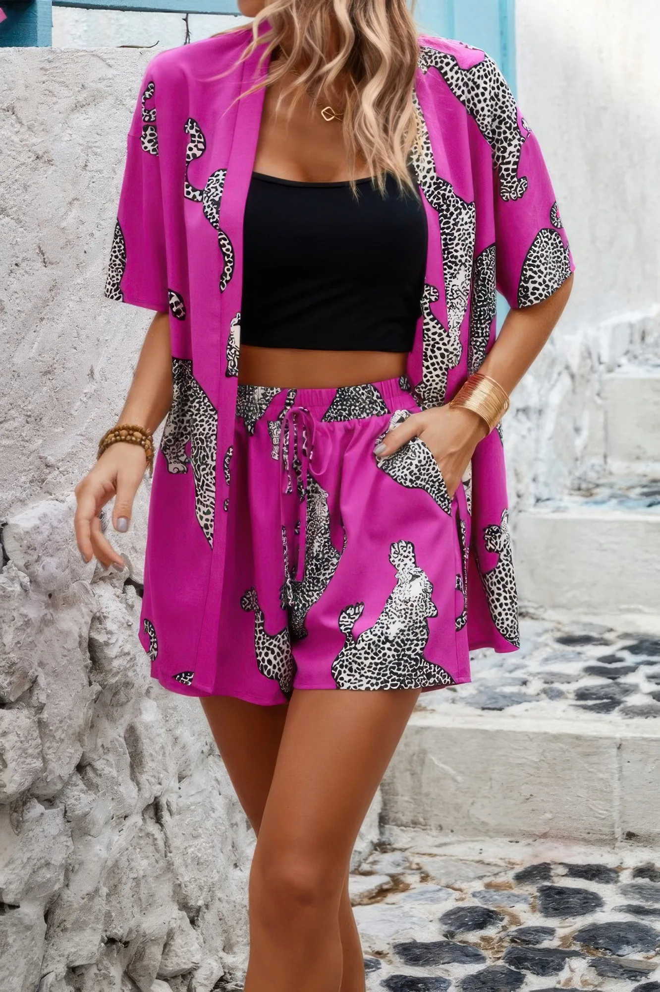 Women's stretchy leopard print two piece set – front view