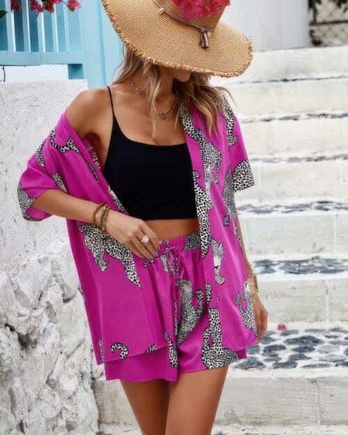 women's stretchy leopard print two piece set – front view