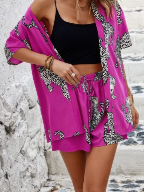 Fuchsia leopard print outfit with pockets – two piece set for women