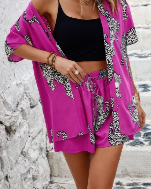 fuchsia leopard print outfit with pockets – two piece set for women