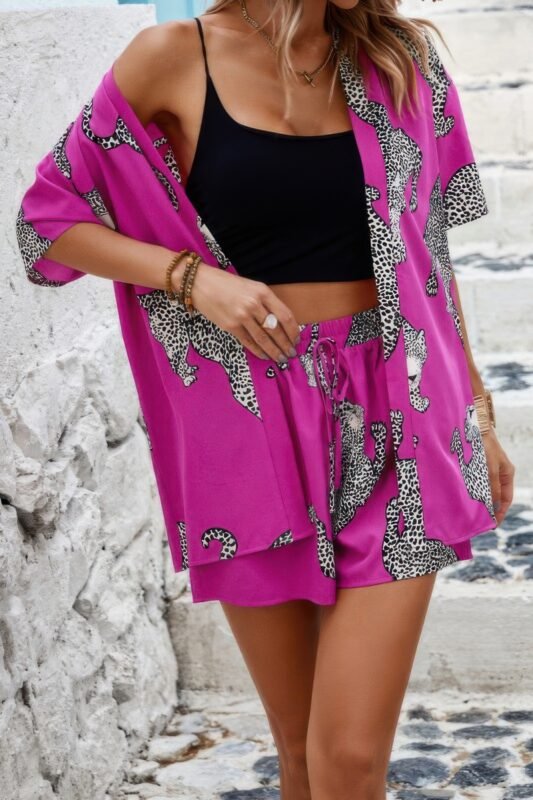 Home Fuchsia leopard print outfit with pockets – two piece set for women