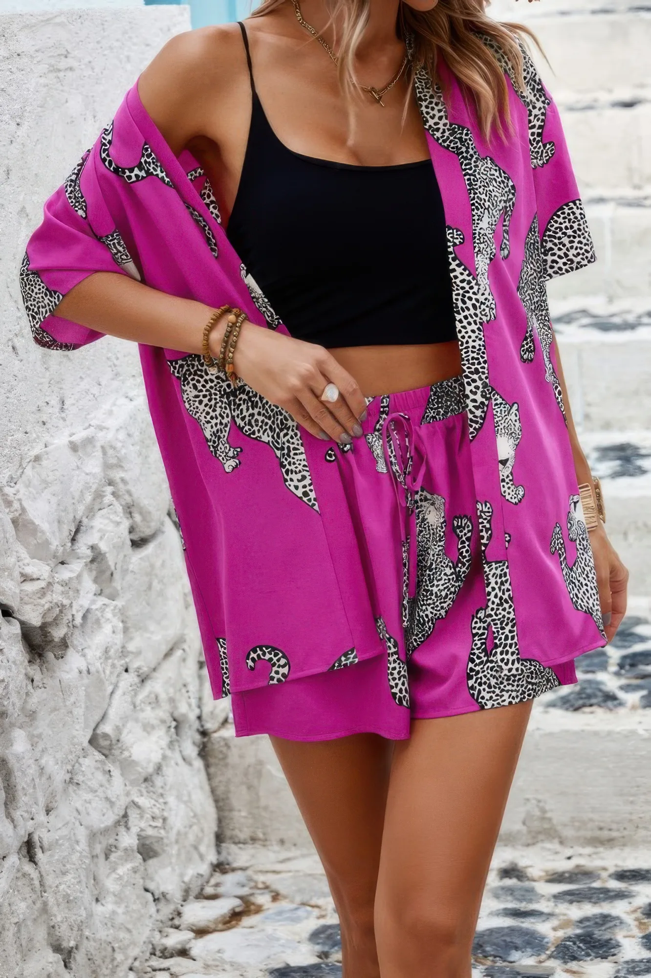 Fuchsia leopard print outfit with pockets – two piece set for women