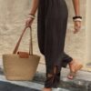 Solid Loose Elastic Waist Hollow Out Long Pant