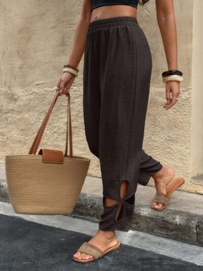 Solid Loose Elastic Waist Hollow Out Long Pant