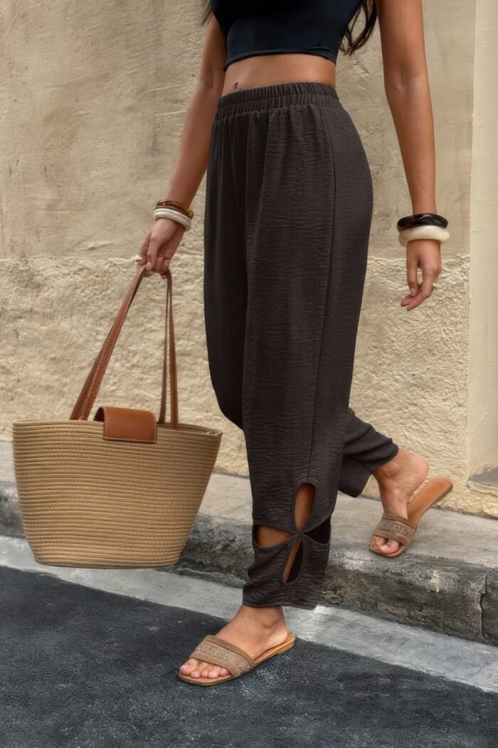 Solid loose elastic waist hollow out long pant - image 1