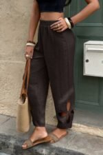 Solid Loose Elastic Waist Hollow Out Long Pant - Image 2