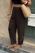 Solid Loose Elastic Waist Hollow Out Long Pant - Image 3