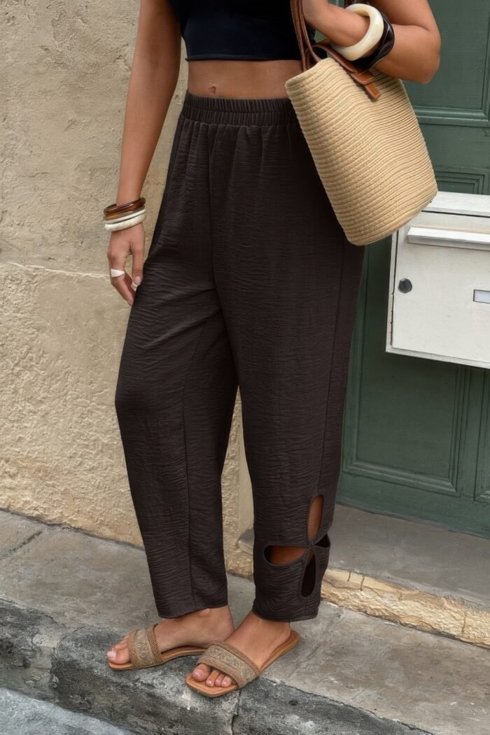 Solid loose elastic waist hollow out long pant - image 3