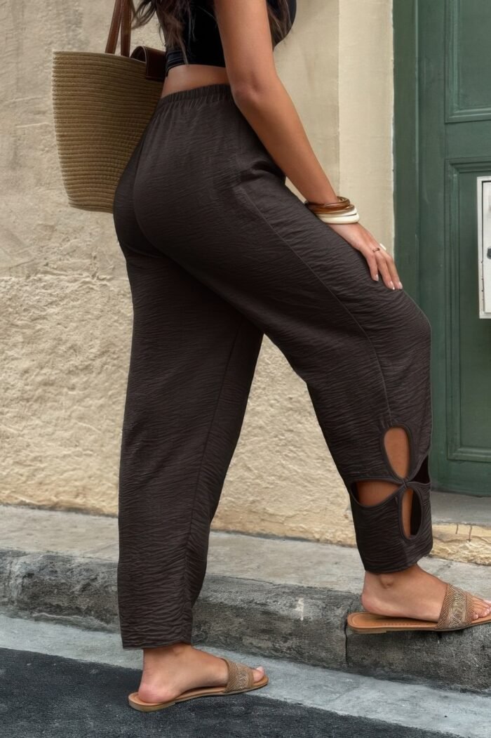 Solid loose elastic waist hollow out long pant - image 4