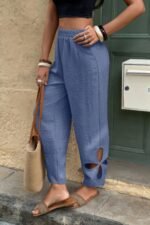 Solid Loose Elastic Waist Hollow Out Long Pant - Image 6