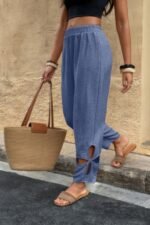 Solid Loose Elastic Waist Hollow Out Long Pant - Image 7