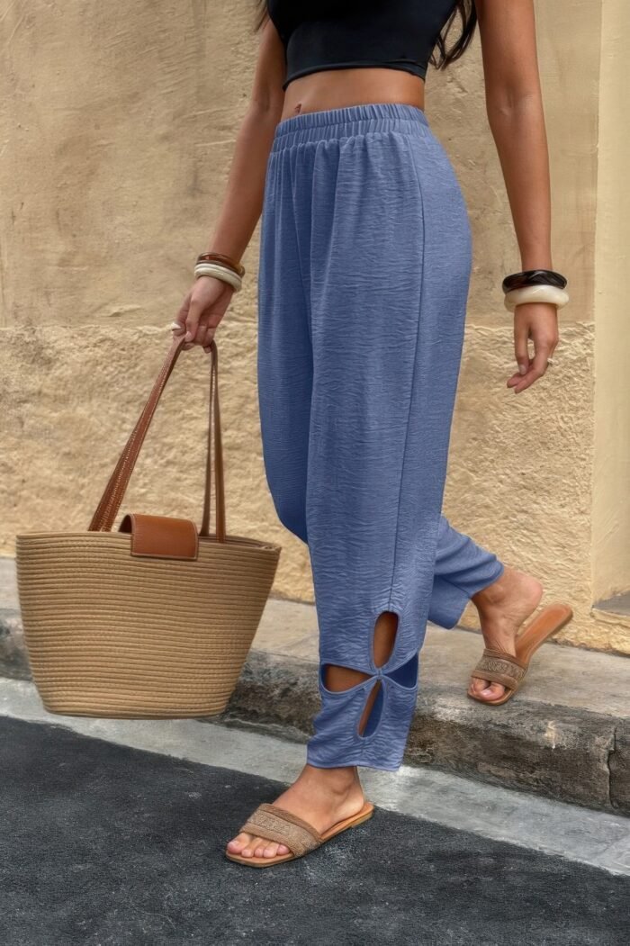 Solid loose elastic waist hollow out long pant - image 7