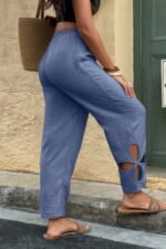 Solid Loose Elastic Waist Hollow Out Long Pant - Image 9