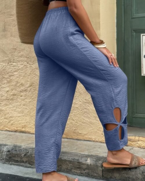 solid loose elastic waist hollow out long pant