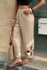 Solid Loose Elastic Waist Hollow Out Long Pant - Image 11