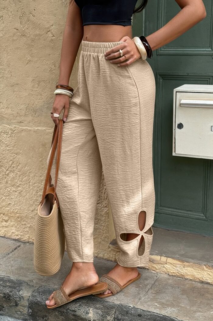 Solid loose elastic waist hollow out long pant - image 11