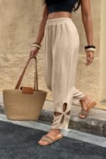Solid Loose Elastic Waist Hollow Out Long Pant - Image 12