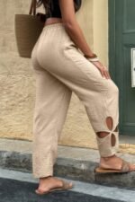 Solid Loose Elastic Waist Hollow Out Long Pant - Image 14