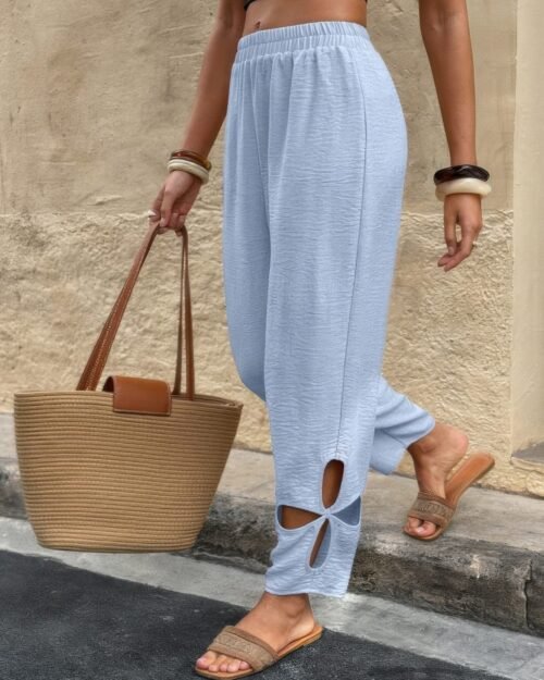 solid loose elastic waist hollow out long pant