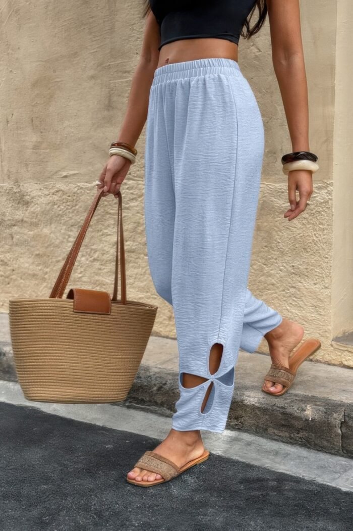 Solid loose elastic waist hollow out long pant - image 15