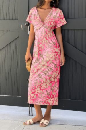 Geometric Print Twist Design Short Sleeve Fit Dress