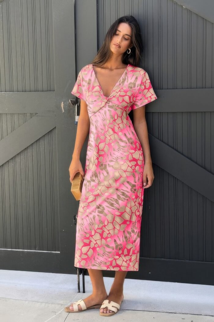 Geometric print twist design short sleeve fit dress - image 3
