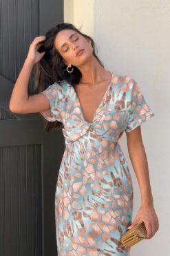 Geometric Print Twist Design Short Sleeve Fit Dress