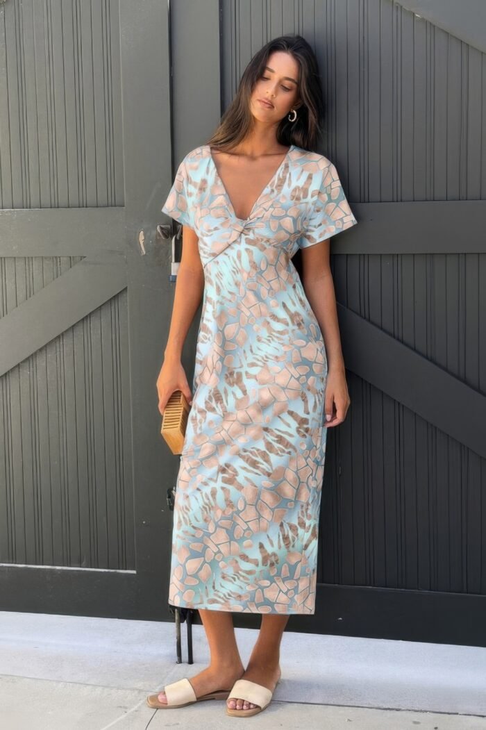 Geometric print twist design short sleeve fit dress - image 7