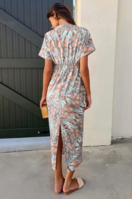Geometric Print Twist Design Short Sleeve Fit Dress - Image 9