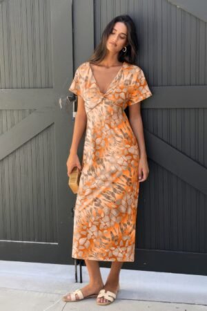 Geometric Print Twist Design Short Sleeve Fit Dress