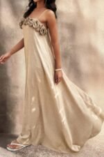 Flower Trim Off Shoulder Ruffled Backless Dress - Image 2