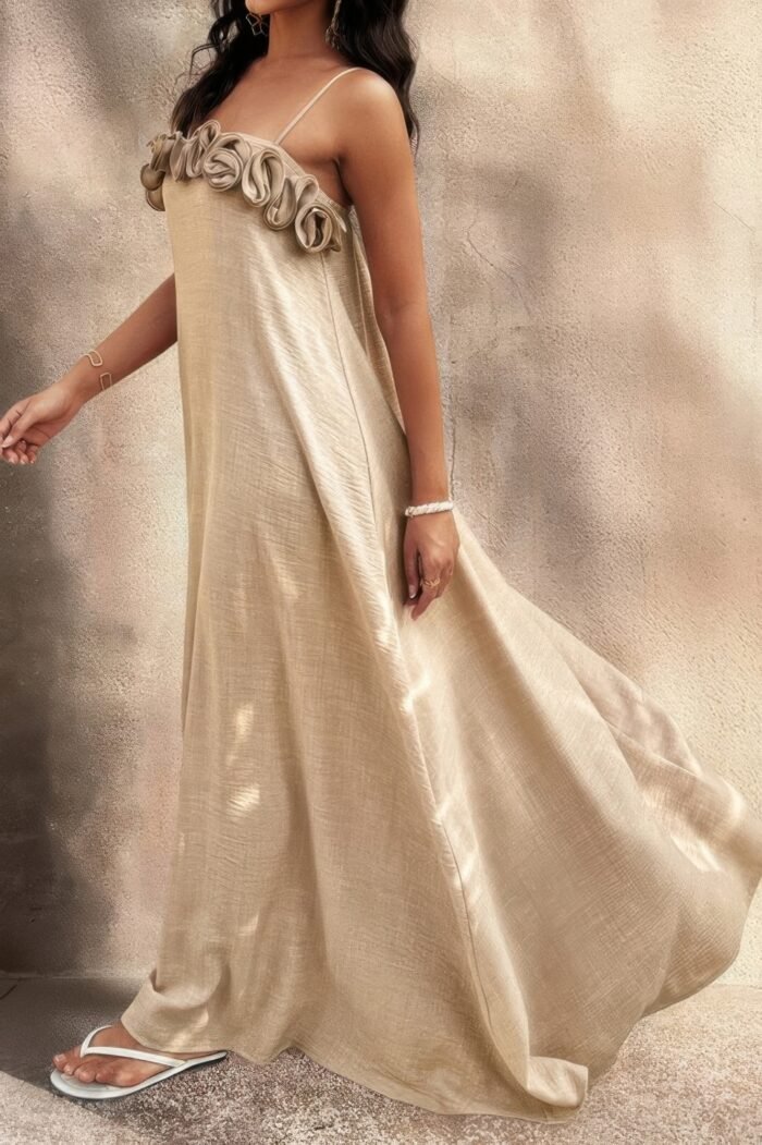 Flower trim off shoulder ruffled backless dress - image 2