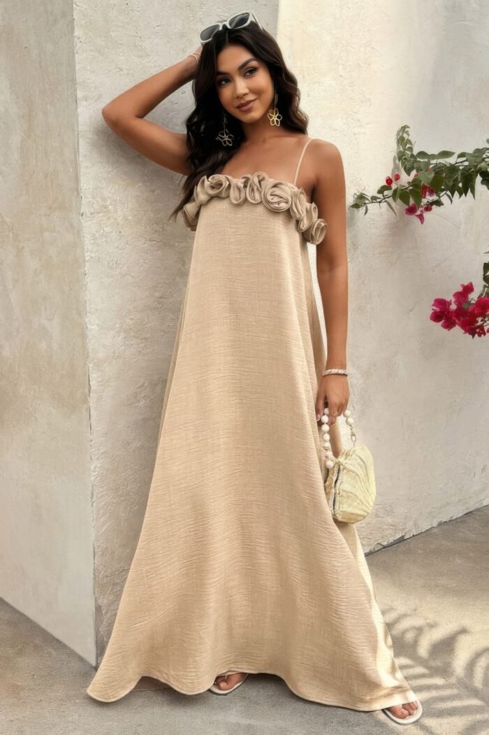 Flower trim off shoulder ruffled backless dress - image 3