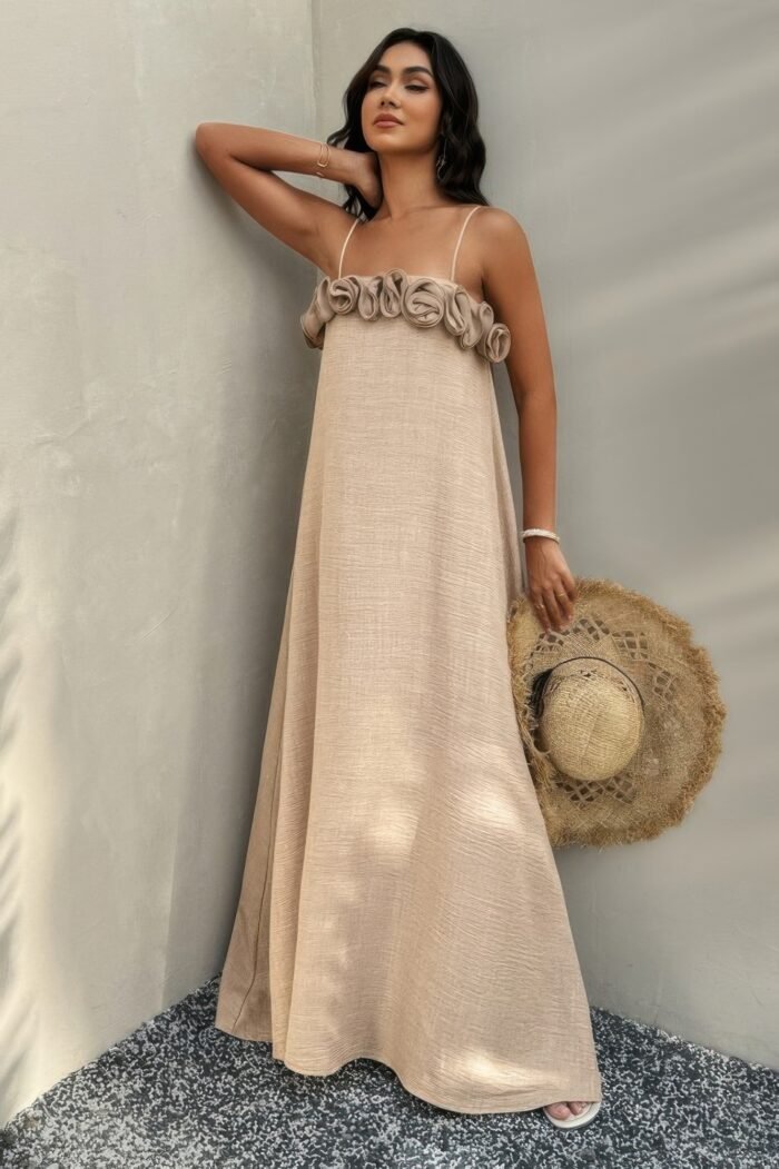 Flower trim off shoulder ruffled backless dress - image 4