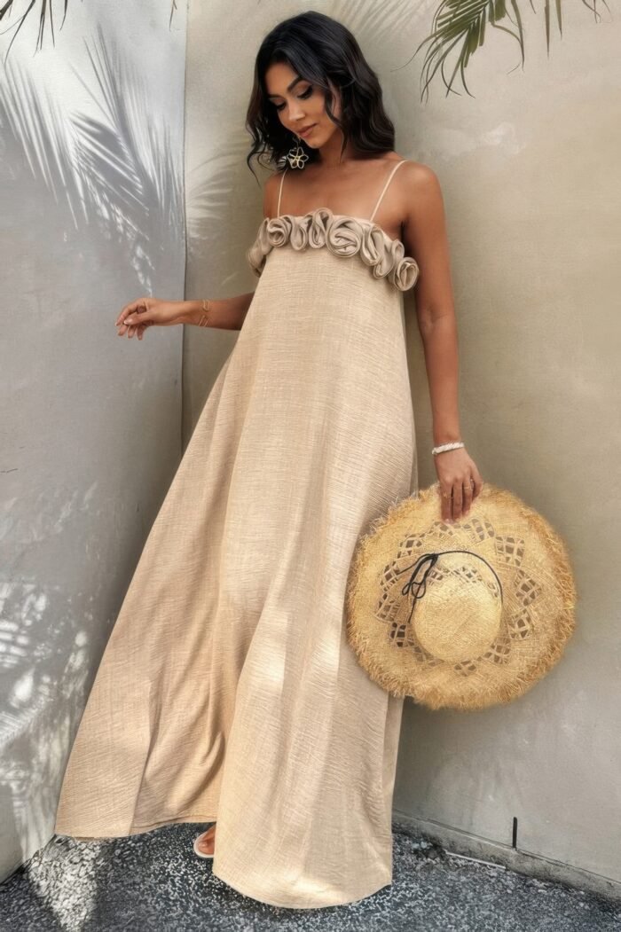 Flower trim off shoulder ruffled backless dress - image 5