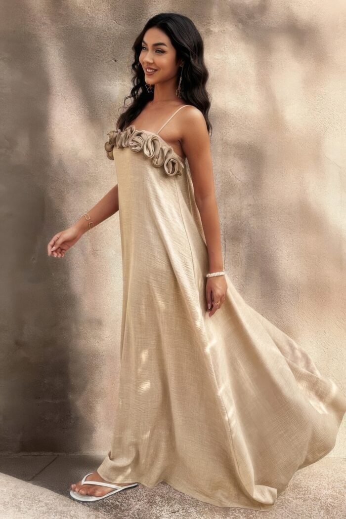 Flower trim off shoulder ruffled backless dress - image 7