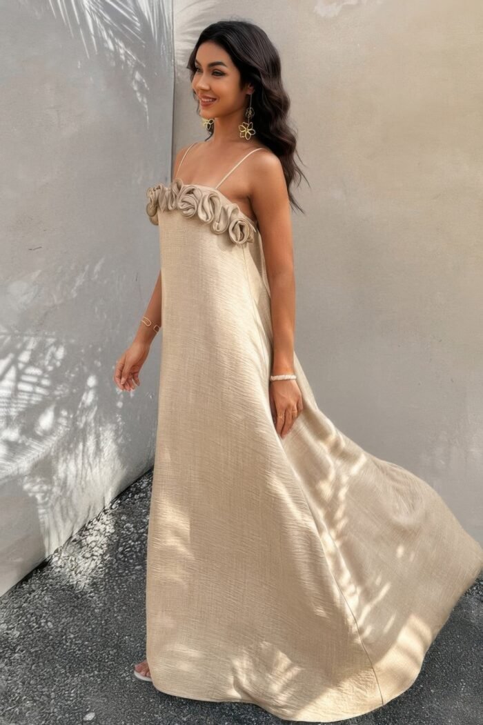 Flower trim off shoulder ruffled backless dress - image 8