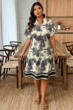 Plus Size Floral Print V Neck Fit Midi Dress - Image 2