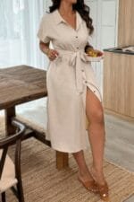 Plus Solid Button Down Straight Belted Shirt Dress