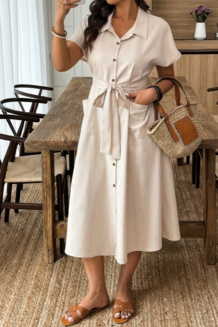 Plus Solid Button Down Straight Belted Shirt Dress - Image 2