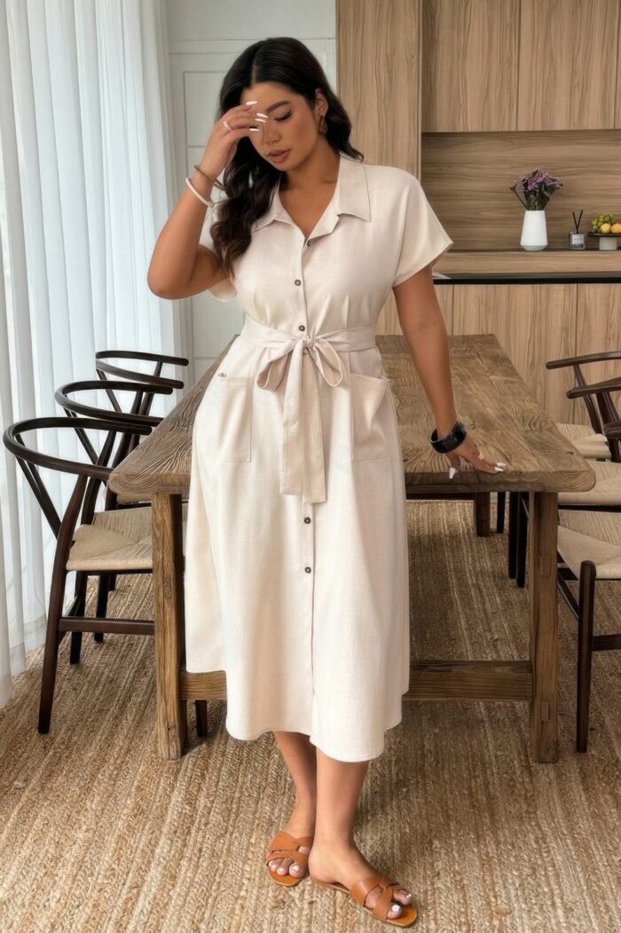 Plus Solid Button Down Straight Belted Shirt Dress - Image 4