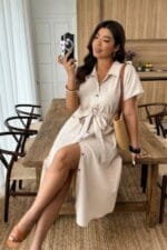 Plus Solid Button Down Straight Belted Shirt Dress