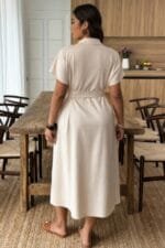 Plus Solid Button Down Straight Belted Shirt Dress