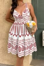 Plus Size Sleeveless Printed V Neck Woven Fit Dress