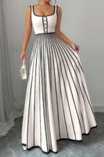 Striped Square Neck Sleeveless A Line Fit Dress