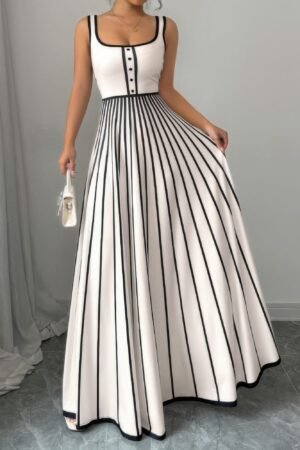 Striped Square Neck Sleeveless A Line Fit Dress