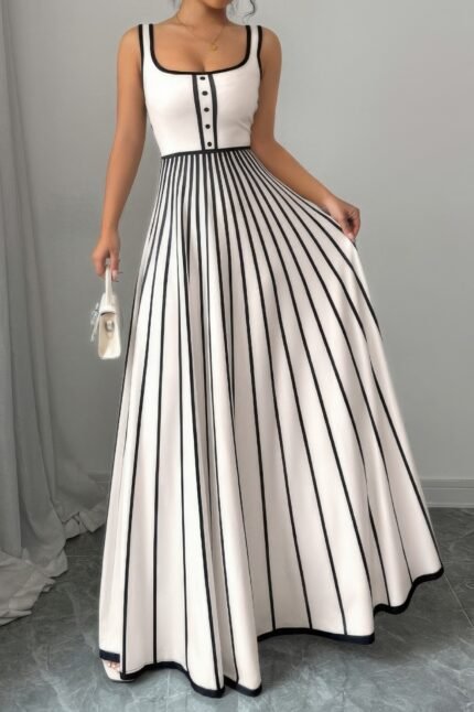 Striped Square Neck Sleeveless A Line Fit Dress