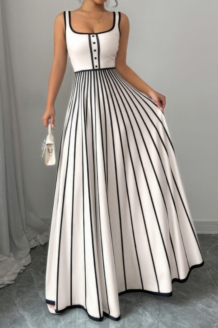 Striped square neck sleeveless a line fit dress - image 1