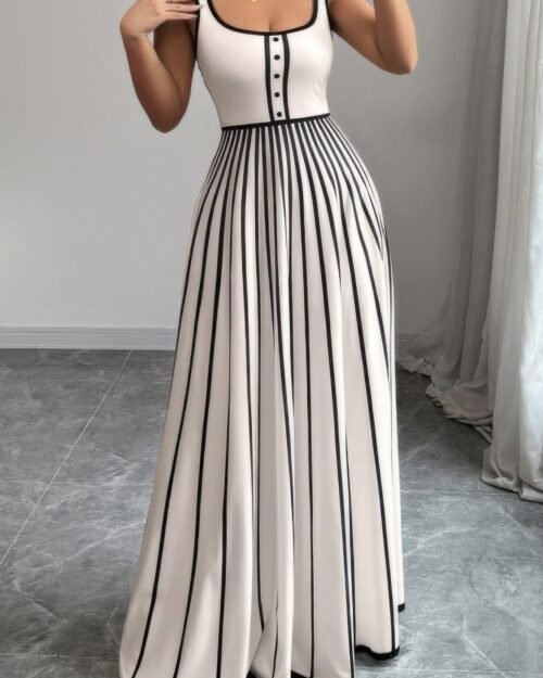 striped square neck sleeveless a line fit dress